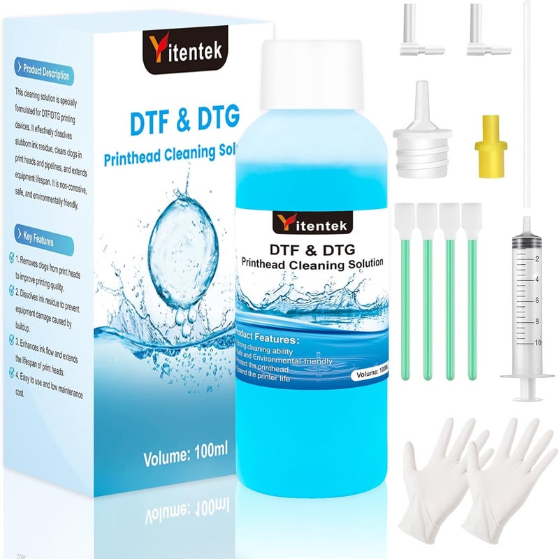 Yitentek محلول تنظيف رأس الطباعة DTF - مجموعة منظف رأس الطباعة العالمية لأي طابعات DTF و DTG، مجموعة تنظيف رأس الطباعة لطابعات Epson ET8550 L1800 XP15000 R1390 XP600 4720 i3200 i1600 5113 (100 مل)  - Image 1